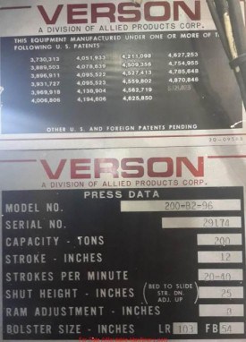 150 Ton Verson OBI Metal Stamping Punch Press For Sale