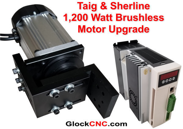 NEW! Looking for a Sherline or Taig motor upgrade? This is for you if you're looking for ultimate power. Our typical customers for the 1,200 Watt are commercial and high end hobbyist. Like our other brushless motor, it produces high torque at any RPM. This is because the brushless driver will feed any needed power to maintain RPM. This is a great Industrial Continuous Duty Brushless Motor for your lathe or mill. The motor RPM is 5,400. Of course, your final spindle RPM will depend upon your pulley ratio.  What you get:  1,200 Watt High Torque Brushless Continuous Duty Motor (fan cooled) Mach3 - Mach4 controllable through 0-10v input About the same weight as stock motor, but with much more power No modifications needed for Sherline or Taig to mount (or course, it mounts directly to our Heavy Duty Headstocks as well). Brushless controller with 5 digit motor tachometer showing motor speed Remote wired controller Motor RPM 5,400 Motor is reversible through the controller 110v or 220 volt Kit includes: Brushless Motor + Controller, Mounts & Cabling OPTIONS.... The pictured pulley with belt is optional because some like to use their own pulley. Shaft is 14mm with 5mm key The optional control box features; Speed Control Knob, Direction, Engage, & Brake switches Note: All of our motor upgrade kits are custom made and take approximately 2 weeks to ship. We offer returns on defective parts 90 days or you may upgrade to a larger motor if returned un-used within 14 days.  (Headstocks in any pictures is sold separately and not included)