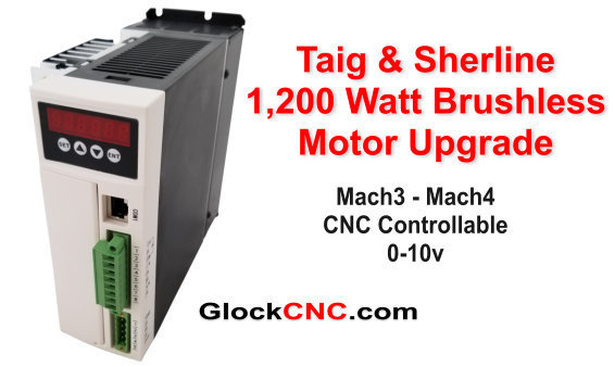 NEW! Looking for a Sherline or Taig motor upgrade? This is for you if you're looking for ultimate power. Our typical customers for the 1,200 Watt are commercial and high end hobbyist. Like our other brushless motor, it produces high torque at any RPM. This is because the brushless driver will feed any needed power to maintain RPM. This is a great Industrial Continuous Duty Brushless Motor for your lathe or mill. The motor RPM is 5,400. Of course, your final spindle RPM will depend upon your pulley ratio.  What you get:  1,200 Watt High Torque Brushless Continuous Duty Motor (fan cooled) Mach3 - Mach4 controllable through 0-10v input About the same weight as stock motor, but with much more power No modifications needed for Sherline or Taig to mount (or course, it mounts directly to our Heavy Duty Headstocks as well). Brushless controller with 5 digit motor tachometer showing motor speed Remote wired controller Motor RPM 5,400 Motor is reversible through the controller 110v or 220 volt Kit includes: Brushless Motor + Controller, Mounts & Cabling OPTIONS.... The pictured pulley with belt is optional because some like to use their own pulley. Shaft is 14mm with 5mm key The optional control box features; Speed Control Knob, Direction, Engage, & Brake switches Note: All of our motor upgrade kits are custom made and take approximately 2 weeks to ship. We offer returns on defective parts 90 days or you may upgrade to a larger motor if returned un-used within 14 days.  (Headstocks in any pictures is sold separately and not included)