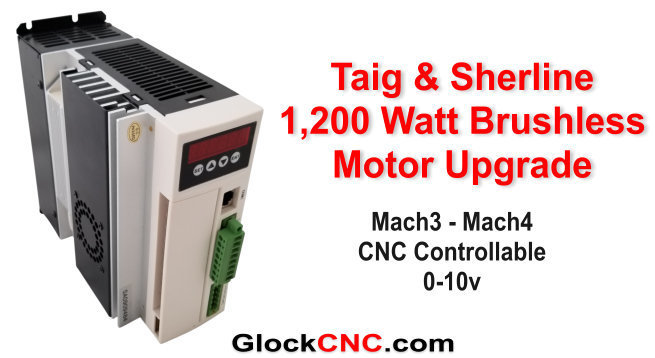 NEW! Looking for a Sherline or Taig motor upgrade? This is for you if you're looking for ultimate power. Our typical customers for the 1,200 Watt are commercial and high end hobbyist. Like our other brushless motor, it produces high torque at any RPM. This is because the brushless driver will feed any needed power to maintain RPM. This is a great Industrial Continuous Duty Brushless Motor for your lathe or mill. The motor RPM is 5,400. Of course, your final spindle RPM will depend upon your pulley ratio.  What you get:  1,200 Watt High Torque Brushless Continuous Duty Motor (fan cooled) Mach3 - Mach4 controllable through 0-10v input About the same weight as stock motor, but with much more power No modifications needed for Sherline or Taig to mount (or course, it mounts directly to our Heavy Duty Headstocks as well). Brushless controller with 5 digit motor tachometer showing motor speed Remote wired controller Motor RPM 5,400 Motor is reversible through the controller 110v or 220 volt Kit includes: Brushless Motor + Controller, Mounts & Cabling OPTIONS.... The pictured pulley with belt is optional because some like to use their own pulley. Shaft is 14mm with 5mm key The optional control box features; Speed Control Knob, Direction, Engage, & Brake switches Note: All of our motor upgrade kits are custom made and take approximately 2 weeks to ship. We offer returns on defective parts 90 days or you may upgrade to a larger motor if returned un-used within 14 days.  (Headstocks in any pictures is sold separately and not included)