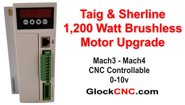 NEW! Looking for a Sherline or Taig motor upgrade? This is for you if you're looking for ultimate power. Our typical customers for the 1,200 Watt are commercial and high end hobbyist. Like our other brushless motor, it produces high torque at any RPM. This is because the brushless driver will feed any needed power to maintain RPM. This is a great Industrial Continuous Duty Brushless Motor for your lathe or mill. The motor RPM is 5,400. Of course, your final spindle RPM will depend upon your pulley ratio.  What you get:  1,200 Watt High Torque Brushless Continuous Duty Motor (fan cooled) Mach3 - Mach4 controllable through 0-10v input About the same weight as stock motor, but with much more power No modifications needed for Sherline or Taig to mount (or course, it mounts directly to our Heavy Duty Headstocks as well). Brushless controller with 5 digit motor tachometer showing motor speed Remote wired controller Motor RPM 5,400 Motor is reversible through the controller 110v or 220 volt Kit includes: Brushless Motor + Controller, Mounts & Cabling OPTIONS.... The pictured pulley with belt is optional because some like to use their own pulley. Shaft is 14mm with 5mm key The optional control box features; Speed Control Knob, Direction, Engage, & Brake switches Note: All of our motor upgrade kits are custom made and take approximately 2 weeks to ship. We offer returns on defective parts 90 days or you may upgrade to a larger motor if returned un-used within 14 days.  (Headstocks in any pictures is sold separately and not included)