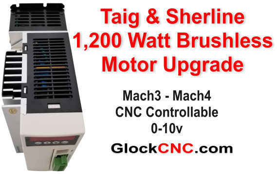 NEW! Looking for a Sherline or Taig motor upgrade? This is for you if you're looking for ultimate power. Our typical customers for the 1,200 Watt are commercial and high end hobbyist. Like our other brushless motor, it produces high torque at any RPM. This is because the brushless driver will feed any needed power to maintain RPM. This is a great Industrial Continuous Duty Brushless Motor for your lathe or mill. The motor RPM is 5,400. Of course, your final spindle RPM will depend upon your pulley ratio.  What you get:  1,200 Watt High Torque Brushless Continuous Duty Motor (fan cooled) Mach3 - Mach4 controllable through 0-10v input About the same weight as stock motor, but with much more power No modifications needed for Sherline or Taig to mount (or course, it mounts directly to our Heavy Duty Headstocks as well). Brushless controller with 5 digit motor tachometer showing motor speed Remote wired controller Motor RPM 5,400 Motor is reversible through the controller 110v or 220 volt Kit includes: Brushless Motor + Controller, Mounts & Cabling OPTIONS.... The pictured pulley with belt is optional because some like to use their own pulley. Shaft is 14mm with 5mm key The optional control box features; Speed Control Knob, Direction, Engage, & Brake switches Note: All of our motor upgrade kits are custom made and take approximately 2 weeks to ship. We offer returns on defective parts 90 days or you may upgrade to a larger motor if returned un-used within 14 days.  (Headstocks in any pictures is sold separately and not included)