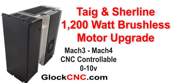 NEW! Looking for a Sherline or Taig motor upgrade? This is for you if you're looking for ultimate power. Our typical customers for the 1,200 Watt are commercial and high end hobbyist. Like our other brushless motor, it produces high torque at any RPM. This is because the brushless driver will feed any needed power to maintain RPM. This is a great Industrial Continuous Duty Brushless Motor for your lathe or mill. The motor RPM is 5,400. Of course, your final spindle RPM will depend upon your pulley ratio.  What you get:  1,200 Watt High Torque Brushless Continuous Duty Motor (fan cooled) Mach3 - Mach4 controllable through 0-10v input About the same weight as stock motor, but with much more power No modifications needed for Sherline or Taig to mount (or course, it mounts directly to our Heavy Duty Headstocks as well). Brushless controller with 5 digit motor tachometer showing motor speed Remote wired controller Motor RPM 5,400 Motor is reversible through the controller 110v or 220 volt Kit includes: Brushless Motor + Controller, Mounts & Cabling OPTIONS.... The pictured pulley with belt is optional because some like to use their own pulley. Shaft is 14mm with 5mm key The optional control box features; Speed Control Knob, Direction, Engage, & Brake switches Note: All of our motor upgrade kits are custom made and take approximately 2 weeks to ship. We offer returns on defective parts 90 days or you may upgrade to a larger motor if returned un-used within 14 days.  (Headstocks in any pictures is sold separately and not included)